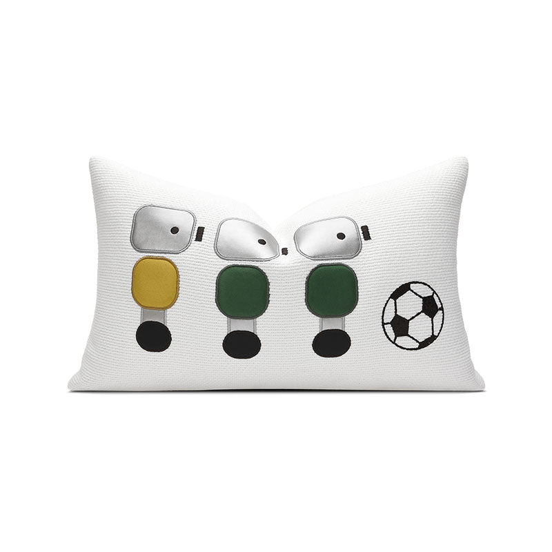 A white pillow with a soccer team